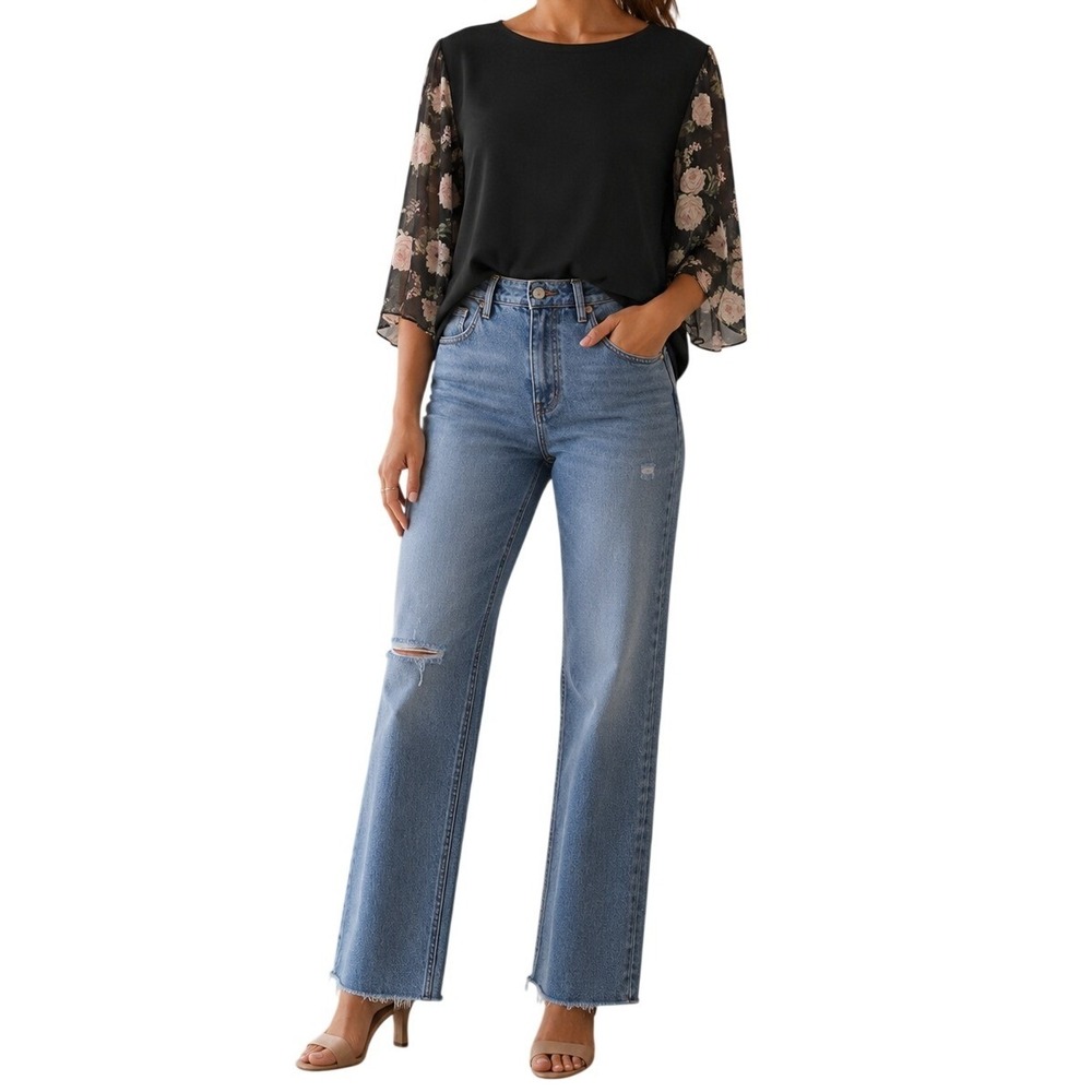 Amaryllis‎ Floral Sheer Sleeve Top Womens 2X Black Pink Rose Mixed Media Knit